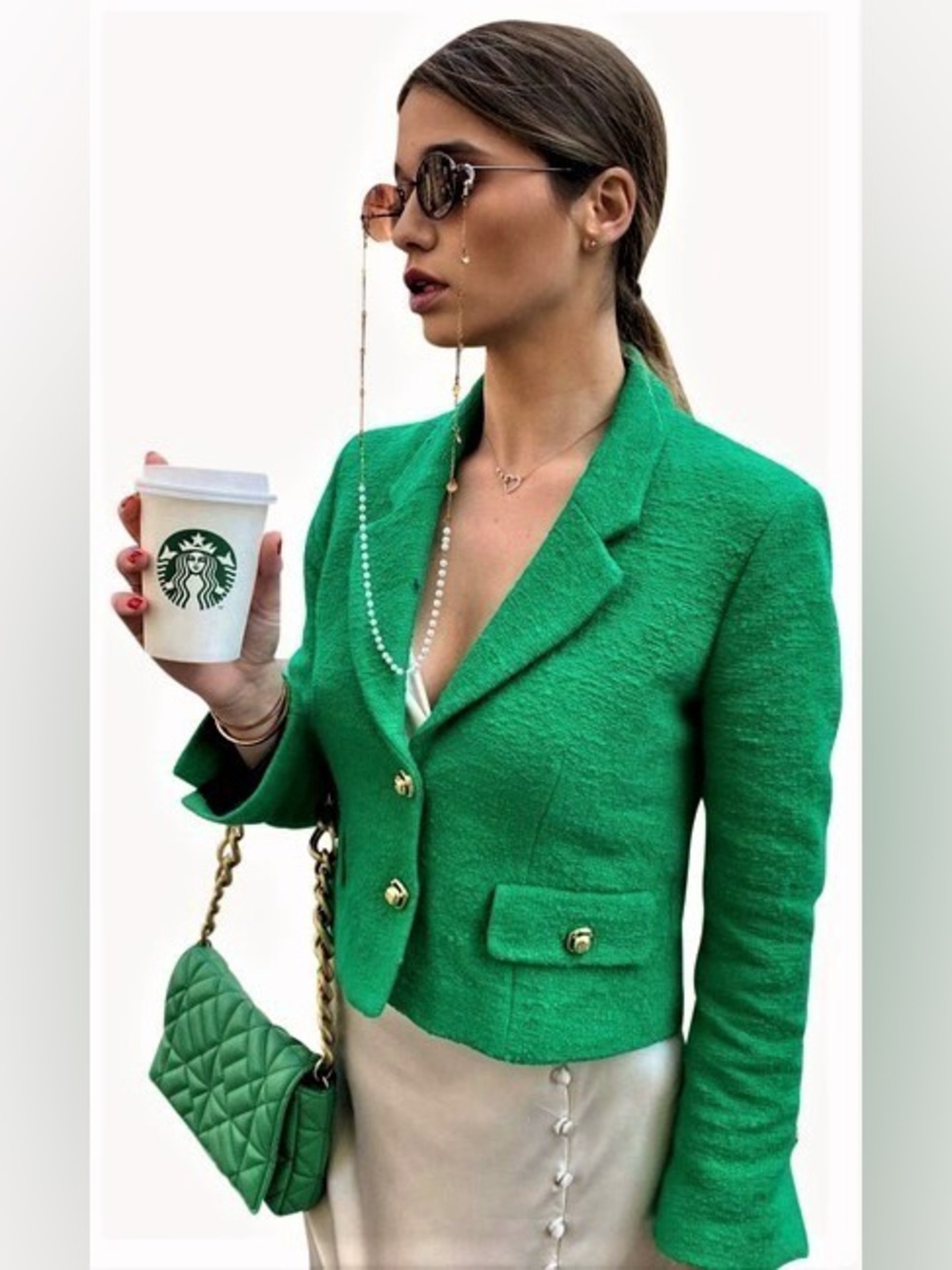 Zara Emerald Green Textured Cropped Blazer Jacket